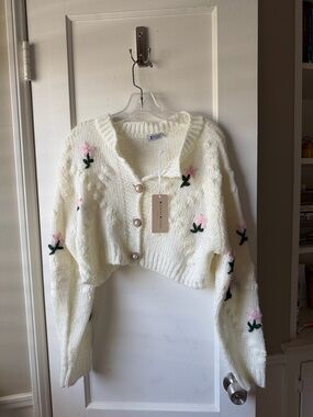 Beginning Boutique Cream Cropped Cardigan with Pink Floral Embroidery